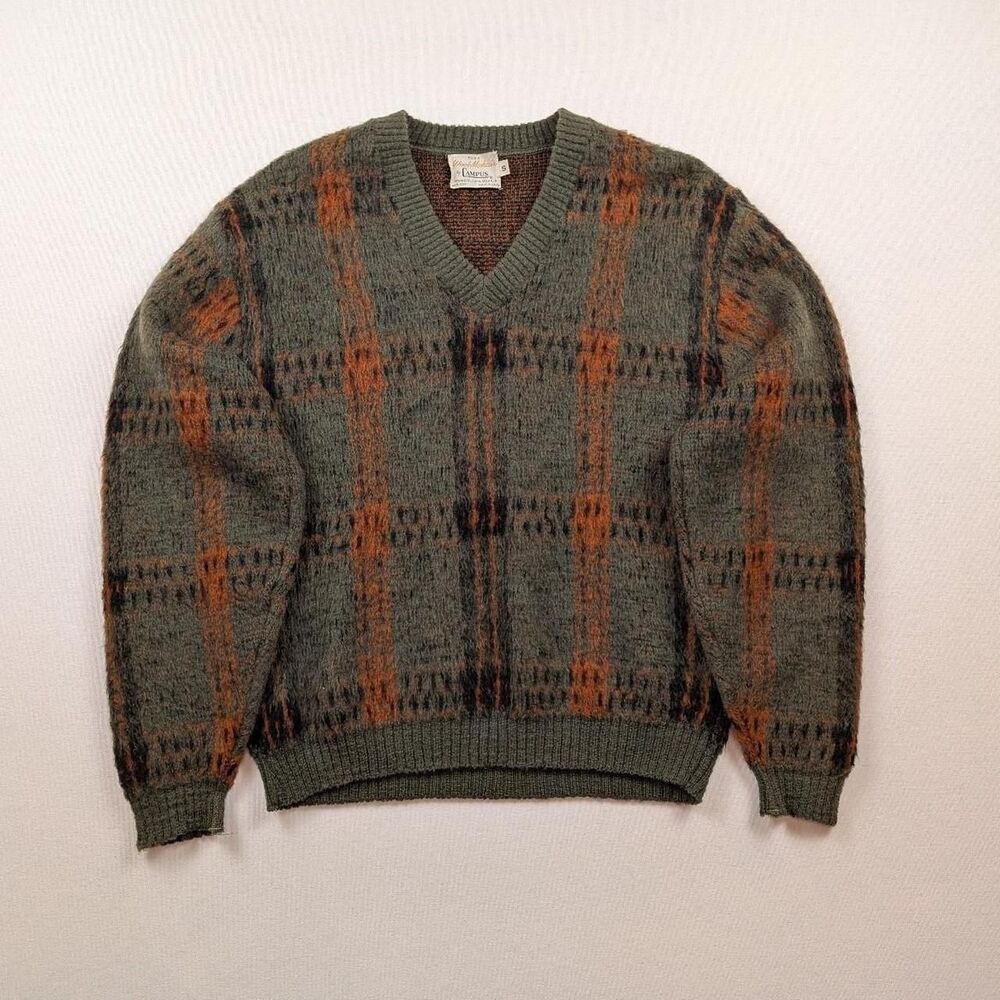 Vintage 60s Campus Shaggy Mohair Green Orange Plaid V Neck Sweater Small